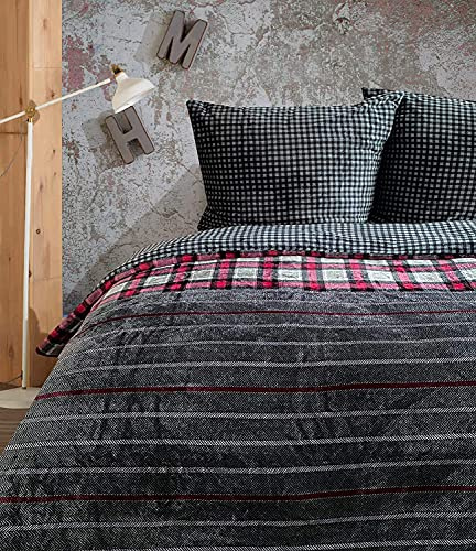 one-home Winter Bettwäsche Teddy Plüsch kariert anthrazit rot Cashmere Touch Fleece Warm, Größe:2 teilig 155x220 cm