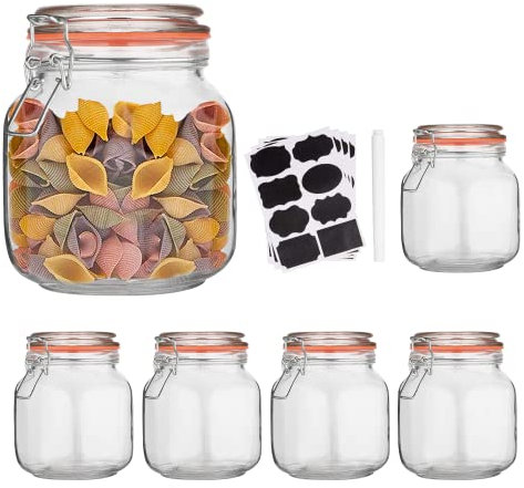 Encheng 6er Set Sturzgläser mit luftdichtem Deckel, luftdichte transparente Dose mit auslaufsicherer Gummidichtung, große Einmachgläser 1000 ml mit Klemmdeckeln für ca