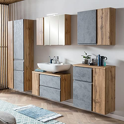 Lomadox Badezimmer Möbel Set, stehend oder hängend, in Wotan Eiche Nb. mit Beton Optik, B/H/T ca. 245/200/35 cm