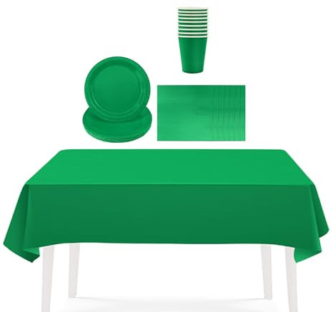 Christmas Green Party Paper Tableware,Xmas Green Party Tableware Decor Green Disposable Paper 16Pcs Cup 20Pcs Napkins 16Pcs Plates 1P Large Plastic Tablecloth for Christmas Green Party Table Decor