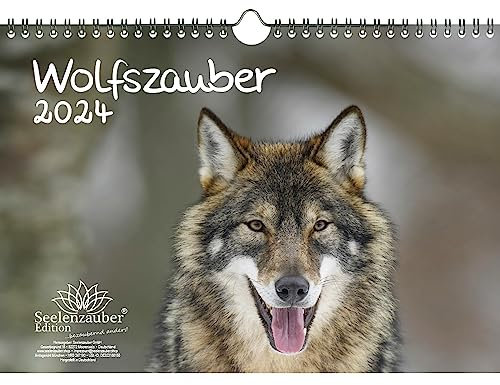 Wolfszauber DIN A4 Kalender für 2024 Wolf und Wölfe - Geschenkset Inhalt: 1x Kalender, 1x Weihnachts- und 1x Grußkarte (insgesamt 3 Teile)