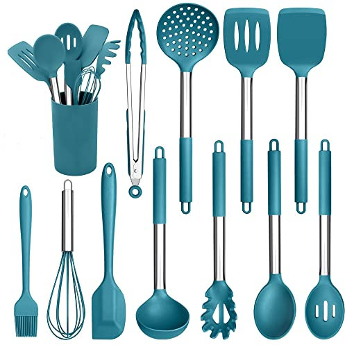 Herogo Kitchen Utensils Set, 12 Pieces Silicone Cooking Utensils with Stainless Steel Handle, Heat Resistant Cooking Tools Turner Spoon Spatula Set with Holder, Easy to Clean - Blue