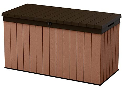 Auflagenbox/Kissenbox Darwin l 100% Wasserdicht l mit Belüftung dadurch kein übler Geruch/Schimmel l Moderne Holzoptik l Deckel belastbar bis 300 KG (2 Personen) (Braun, 570 Liter)