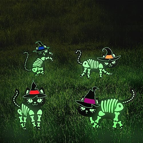 4st Schwarze Katze Deko Garten, Fluoreszierend Katzen Silhouette mit Pfählen Halloween Deko Garten mit Hexenhut für Outdoor Hof Garten Rasen Dekoration