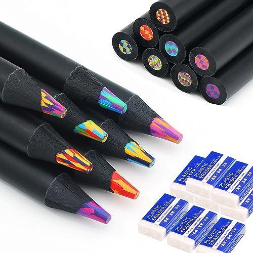 FIHODONE 8 Stück Regenbogenstift Set mit Radiergummi,Zauberstifte Kinder und Buntstift für Erwachsene, Dicke Buntstifte Schulanfänger, Regenbogen Holzstifte für Geburtstag Mitgebsel Kinder