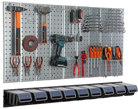 botle Werkzeugwand Metall 117x72 cm Lagersystem mit Werkzeughaltern Werkzeughaken und 9 Stapelboxen 120 x 200 x 90 mm Farbe: schwarz Lochbrett Werkstatt Garage Steckbrett Elektrowerkzeuge Lochwand