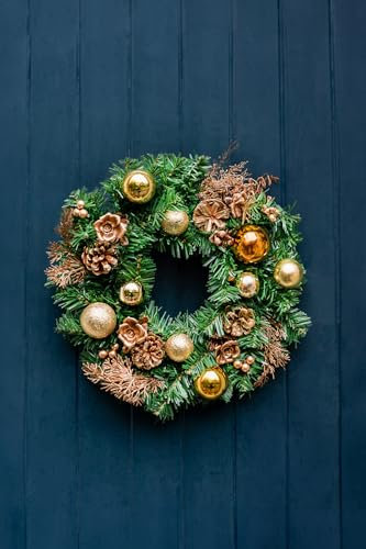 Marco Paul 30cm Gold Christmas Wreath - Artificial Green Wreath with Glitter Pinecones, Baubles & Foliage - Festive Front Door Wreath, Indoor Christmas Decorations & Winter Door Décor