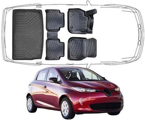 Trimak Passgenau 3D Fussmatten & Kofferraumwanne Auto Set Kompatibel mit Renault Zoe Elektro 2012-2022 Auto Zubehör Gummimatten & Kofferraummatte Autos TPE Allwetter Geruchlos rutschfest Schwarz