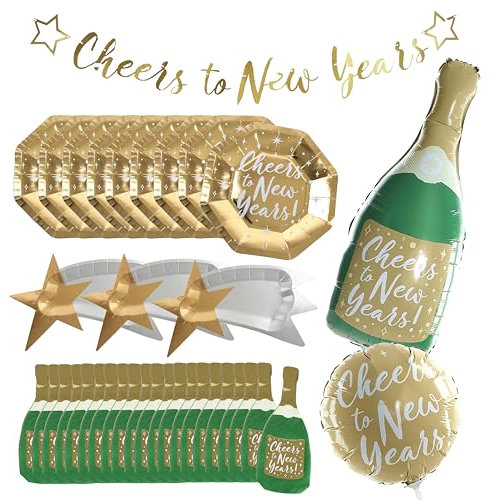 Deluxe New Years Eve Party Pack - 'cheers to New Years' Balloon, Champagne Bottle Balloon, Star Platter Plates, 'cheers to New Years' Plates, Champagne Bottle Napkins & 'cheers to New Year' Banner