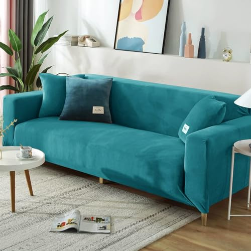 FANSU Sofabezug Stretch 1/2/3/4 Sitzer, Türkis Plüsch Elastische Antirutsch Couchbezug Waschbar Universal Weich Sofaüberwurf für Sofaüberwurf Möbelschutz (3-Seater,Türkis)