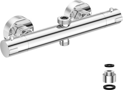 LADOKEE Shower Mixer with Thermostat, Shower Mixer Tap with 2 Outlets, Shower Thermostat with 38 °C Safety Button, Chrome, Top 3/4 BSP (25 mm) + Bottom 1/2 Inch BSP (21 mm), Silver