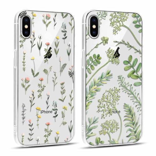 Yoedge 2 Stück Handyhülle für iPhone X/iPhone XS Hülle, Transparent Blätter Floral Blumen Muster Mädchen Aesthetic, Handyhülle Weich Silikon Stoßfest Durchsichtig Case für iPhone X/iPhone XS 5,8