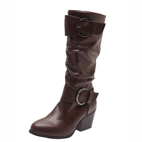 Stivali alla moda al ginocchio per donna Tacchi alti in vera pelle con tacco a blocco Stivali da donna con fibbia della cintura Stivali da equitazione versatili EU 35-43, marrone, 38 EU Larga