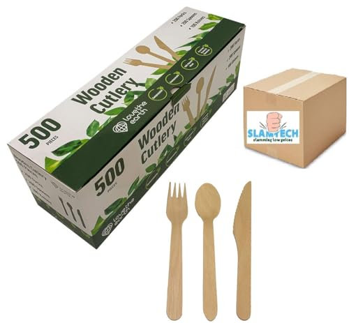 Premium Wooden Disposable 500pcs Cutlery Set Eco Friendly 200 Forks, 200 Spoons & 100 Knives Perfect for Parties Picnics Office