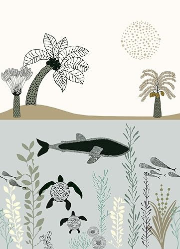 Rasch Onszelf Stories 557459 Papier peint photo intissé Motif palmiers, tortues et poissons gris, vert et blanc, 2,80 x 2,00 m (L x l)
