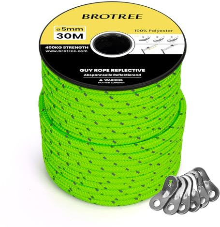 BROTREE Tent Guy Rope 5mm 30m Reflective Guy Line Heavy Duty Guide Rope with 6Pcs Aluminum Tensioners for Tent Gazebo Awning Camping (Neon Green)