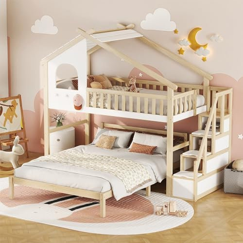 Sapgaks Letto a Castello per Bambini 90 x 200, Capanna 140 x 200, Soppalco a 2 Posti Con Barriera e Scala