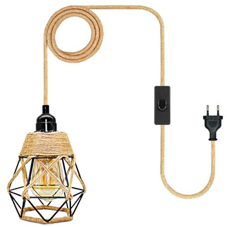 Hanfseil Lampe Hängelampe Kit mit Stecker, 510CM Kabel E27 Lampenfassung mit Metall Käfig Lampenschirm, Lampenkabel mit Schalter, Pendelleuchte mit Stecker, Landliche Stil Licht, Keine Glühbirne