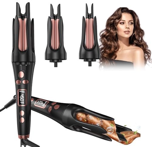 3 in 1 Elektrischer Lockenstab Automatisch Set, Automatischer Lockenstab 19mm/25mm/32mm, Doppelter PTC Auto Curler mit 5 Temperaturen, 60min Abschaltautomatik, Doppelte Spannung für Unterwegs