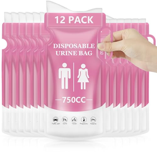 flintronic 12 Stück Tragbares Urinal für Unterwegs, 750ml Einweg-Urinbeutel mit Gel mit Griff, Notfall Toiletten für Männer Frauen Patienten Schwangere Kinder Camping Wandern Auto Reisen (Rosa)