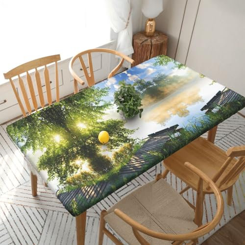 Quadratische, wasserdichte Tischdecke mit Bäumen, ölbeständig, mit elastischem Rand, geeignet für Familienfeiern, Küchen, Partys, Picknicks im Freien, Länge 152 cm, Breite 76 cm