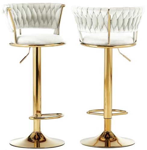 BAKAJI Set mit 2 Küchenhockern mit Samtbezug und geflochtener Rückenlehne und Verstellbarer Höhe, Barstühle, Restaurant, drehbarer Rahmen aus Gold mit Fußstütze, modernes Design (Beige)