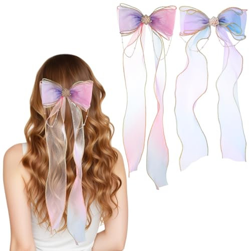 Dimeho Colorful Ribbon 2 PCS Princess Bows Hair Barrettes with Pearl Tassels Lace Clip Hair Accessories for Girls, Teens, and Women (Purple + blue/gradient)