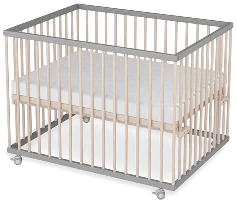 Sämann Laufstall Baby mit Lattenrost und Matratze SleepPlus | stufenlos höhenverstellbar | Laufgitter Premium | Babybett aus Holz | Krabbelgitter (grau/natur, 75x100 cm)