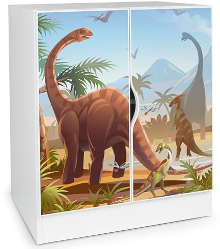 Leomark Moderner Kleiderschrank Roma - Weißer Schrank für Kinderzimmer, höhenverstellbare Einlegeböden, 60 x 42 x 78 cm (H) | UV-Druck: Dinosaurierwelt