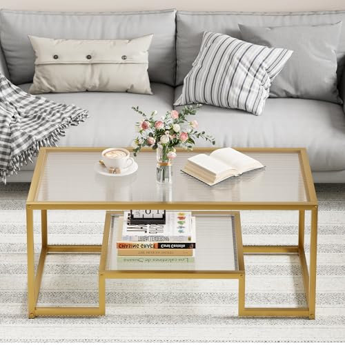 Wolawu Mesa de centro de cristal dorado para sala de estar, mesa central rectangular de 2 niveles con parte superior de vidrio acanalado y marco de metal resistente, mesa moderna de cristal para