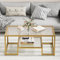Wolawu Mesa de centro de cristal dorado para sala de estar, mesa central rectangular de 2 niveles con parte superior de vidrio acanalado y marco de metal resistente, mesa moderna de cristal para