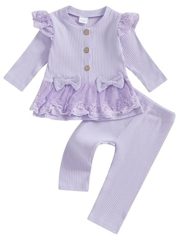 Geagodelia Toddler Baby Girl Fall Winter Outfits Ruffled Long Sleeve Lace/Striped/Polka Dot Print Sweatshirt Ribbed Shirts Top with Long Pants 2Pcs Clothing Set for Little Girls (Purple, 2-3 Years)