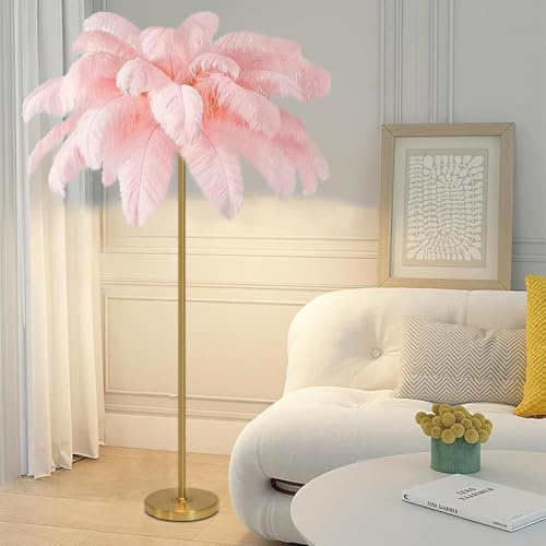 Atwnjkp Feather Lamp,Ostrich Feather Floor Lamp,Gold Finish,Modern Feather Standing Light with Foot Switch and Pink Lampshade,Ostrich Feather Lamps for Living Room Bedroom Decoration