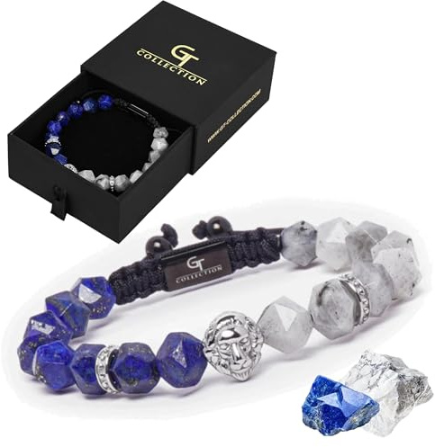 GT collection Perlenarmbänder mit dem Motiv „König der Löwen“ für Männer – Armbänder aus Naturstein – Herrenarmband mit Löwenkopf aus Edelstahl, verstellbarer Kordel und kraftvollen Edelsteinen