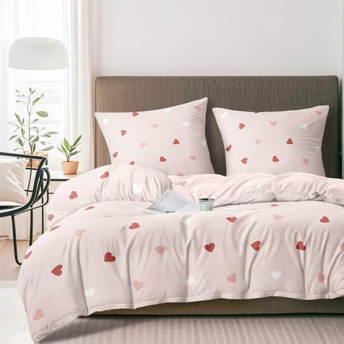 Boqingzhu Bettwäsche Herzen 135x200cm Rosa Rot Weiß Herz Bettwäsche Set Aesthetic Süß Romantisch Microfaser 3D Bettbezug Einzelbett mit Kissenbezug 80x80cm mit Reißverschluss
