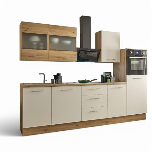 Capri Moderne Küchenzeile mit Elektrogeräten in Weiß, Artisan Eiche Optik FSC-Zertifiziert - Geräumige Einbauküche mit viel Stauraum - 280 x 218 x 60 cm (B/H/T)