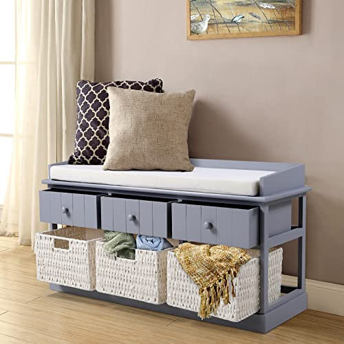 Warmiehomy Storage Bench with 3 Drawers & 3 Wicker Baskets, W100 D30 H50cm Full Assembled Storage Cabinet, Shoe Storage Hallway Bench with Cushion Bedroom Living Room, Blue-Grey