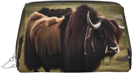JaoXer Goldfarbene Make-up-Tasche aus Leder – Mighty Highland Yak Print Reise-Kosmetiktasche mit Reißverschluss, tragbarer Kulturbeutel für den täglichen Gebrauch, silber, Einheitsgröße
