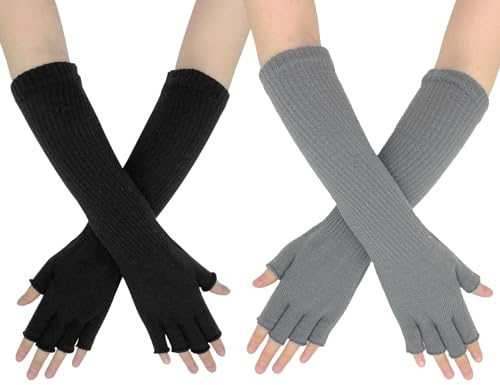 AffeGifts Long Fingerless Gloves for Women, 2 Pairs Winter Arm Warmers Long Knitted Half Finger Gloves Wrist Warmers for Women Teen Girls Autumn Winter (Black and Grey)