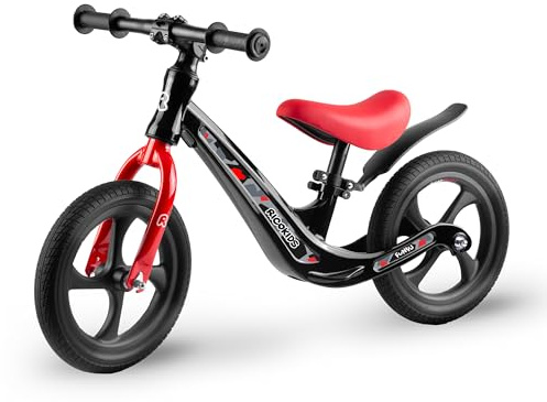 Ricokids Laufrad Kinderlaufrad Lauflernrad - Höhenverstellbarer Sattel - Pannensichere PU-Räder 12 Zoll - Funnu Schwarz Rot