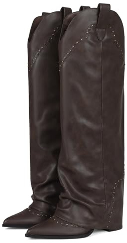 EQAUDES Damen kniehohe Stiefel mit Haifischnieten, zum Überziehen, Snip Toe, Cowboy, Cowgirl, Slouch-Stiefelkleid