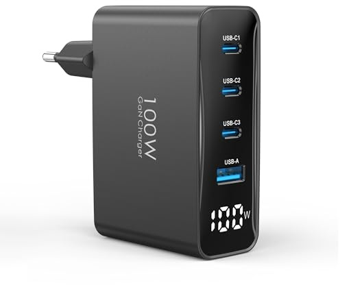 TOPADRE 100W USB C Ladegerät, 4-Port GaN Netzteil LED Display PD PPS Charge | 100W Schnellladegerät USBC Netzteil für MacBook Pro/Air, für iPad Pro/iPhone 17 16, Galaxy S25 & Laptops (für HP/Lenovo/Acer)