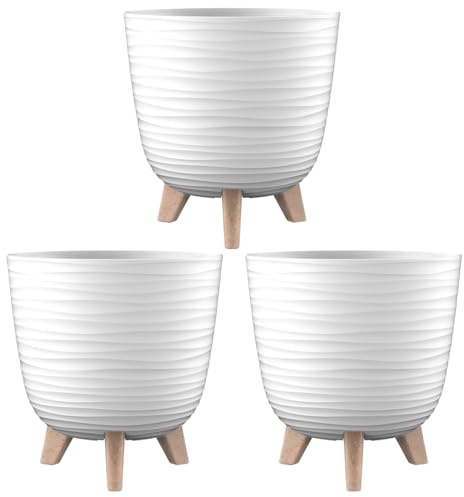 Engelland - 3 x Blumentopf mit Füßen & Bewässerungssystem, Weiß, Ø 24 cm, Pflanzkübel, Übertopf, Wellenmuster, Innen- & Außenbereich, Drainagesystem & Wasserspeicher, rund, Kunststoff