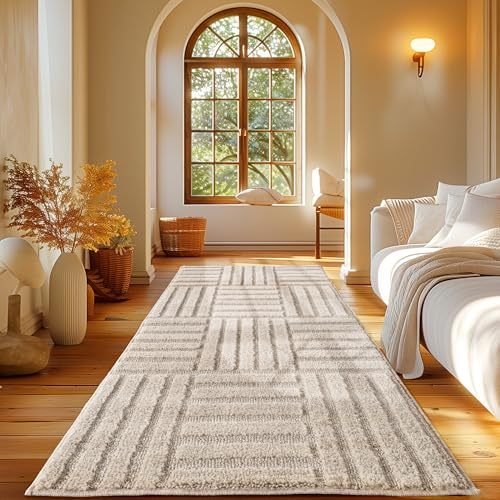 Carpetsale24 Teppich Läufer 60x110 cm Creme Hochflor Skandi Boho Karo Design Hoch-Tief Effekt Weicher Shaggy Langflor Flauschig Robust Pflegeleicht Modern für Schlafzimmer, Flur