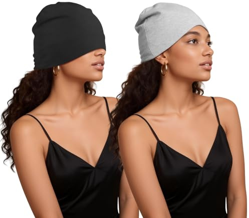 Kiiwah 2 Stücke Beanie Mütze Schlafmütze, Doppellagig Lichtdicht Schlafhaube zum Schlafen Haare Schützen, Slouch Hair Bonnet Baumwolle Nachtmütze Unisex Haube Schlafkappe für Damen und Herren