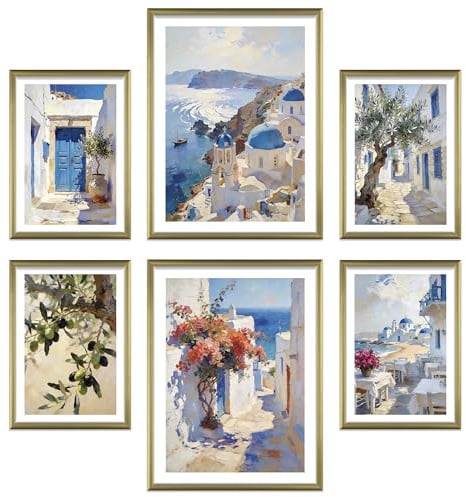 ARTFAVES® Poster Set - Abstract Greece - mehrteilige Wanddeko Wohnzimmer, Schlafzimmer - 6 moderne Wandbilder Abstrakt, Kunst, Gemälde, Griechenland, Santorini - mit Rahmen Gold