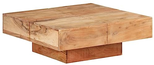 Massivholz Couchtisch 80x80x28 cm aus Akazie mit großer Tischplatte, Stabiler und langlebiger Wohnzimmertisch aus Akazienholz, formschöner Holztisch für das Büro