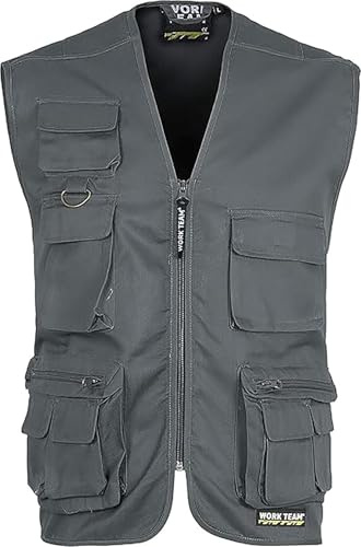 WORKTEAM Chaleco Safari Multibolsillos, Chaleco con Cremallera y Bolsillos Funcionales, Escote Pico, Unisex Gris L