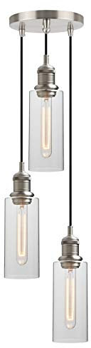 Yosoan Industrial Vintage Loft Bar Edison Chandelier Brushed 3 Way Pendant Light Fittings with Clear Glass Shade, Hanging Ceiling 3 Light for Kitchen Island Dining Room Living Room (Brushed)