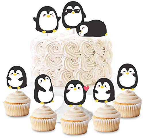 Kreatwow 24 Pack Pinguin Cupcake Toppers Picks Pinguin Deko Geburtstag Pinguin Tortenaufleger Cupcake DIY Deko für Jungen Mädchen Geburtstagsparty Baby Shower Supplies